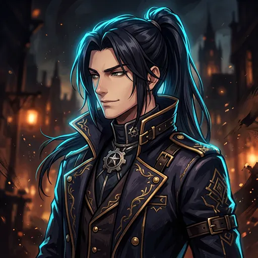 Avatar de guerreiro com detalhes luminosos em ciano